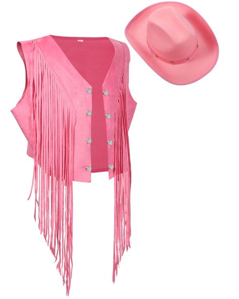 PRICES MAY VARY. Western Cowgirl Costume Set: the set of cow girl costume for women includes 1 piece fringe top for women western and 1 piece cowgirl hat, which can meet most people's preferences and decorative needs, a nice combination for cowgirls Western Theme: the fringe vest for women hippie features classic western cowboy hippie style, with faux suede tassels on the front and rivets decorated, stylish and cool; The cowboy hat with strap and rivets also will add a cool and different touch t Vaquera Pink Outfit, Cowgirl Style Outfits Pink, Pink Cowboy Costume, Neon Cowgirl Outfit, Western Cowgirl Costume, Pink Cowgirl Outfit, Cowgirl Costume For Women, Pink Cowgirl Costume, Felt Cowgirl Hat