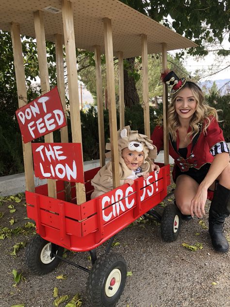 Red Wagon Halloween Costume, Diy Lion Cage Wagon, Circus Horse Costume, Diy Lion Tamer Costume Women, Lion Tamer Costume Women, Lion Tamer Halloween Costume, Diy Lion Costume, Circus Costume Diy, Stroller Halloween