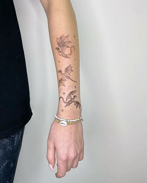 Tattoo For Aunt And Nieces, Dragons Tattoos, Whimsical Dragon Tattoo, Lord Of The Rings Dragon Tattoo, Dragons Tattoo Designs, Three Dragons Tattoo, Two Dragons Tattoo, Dragon Line Tattoo, Girly Dragon Tattoo