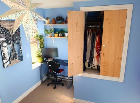 Maximising space in the bedroom by building a wardrobe over the bulkhead of the stairs to create a light and airy office area. Bulkhead Cupboard Ideas, Stair Box Wardrobe, Cupboard Over Stairs Bulkhead, Wardrobe Over Stairs Bulkhead, Stair Box In Bedroom Ideas, Stair Bulkhead Ideas Bedroom, Stair Bulkhead Ideas, Bulkhead Bedroom Ideas, Light And Airy Office