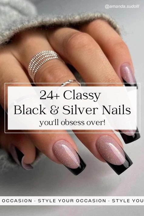 24+ Stunning Black and Silver Nails For A Next-Level Aesthetic! Black And Silver Dipped Nails, Black Dress Nail Ideas Wedding, Silver Nails Sns, Black And Metallic Nail Designs, Nail Design Black And Silver, Black Tie Nail Designs, Silver Nails With Black Design, Wedding Nails For Black Dress, Matte Black And Silver Nails