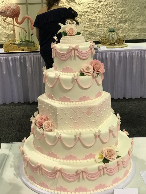 Birthday Cake For Quinceanera, Pink Quince Cake With Flowers, Quince Cakes Pink Flower, Quince Cake Designs, Valentine Quinceanera, Light Pink Quinceanera Theme Cake, Pink And White Venue Quince, Coquette Sweet 16 Dresses, Quince Cake Ideas Quinceanera