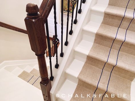 Grain sack runner #chalkandfable #grainsack #stairs #stairrunner #paintedstairs #woodstairs #stairrailing Front Porch Stairs, Front Door Awning, Open Basement, Porch Stairs, Atrium Design, White Stairs, Stairs Ideas, Oak Stairs, Driveway Entrance