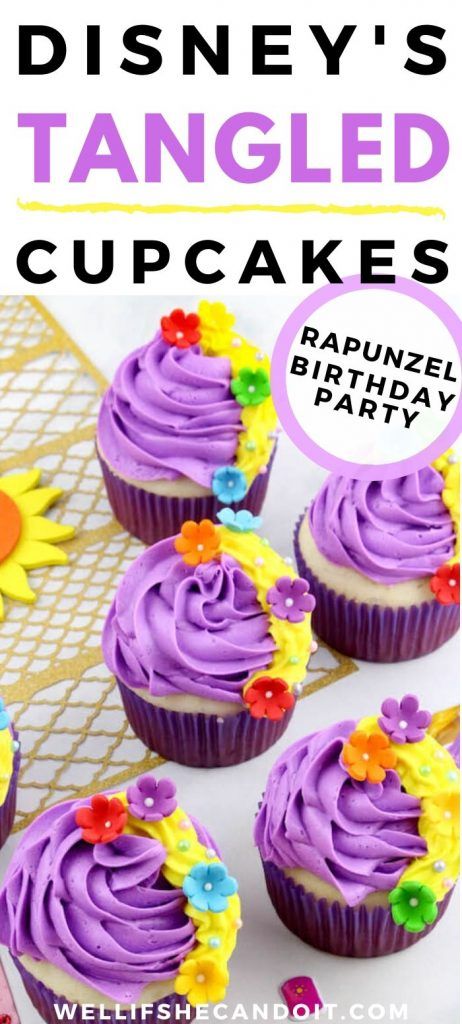 Disney Rapunzel Cupcakes. These are so cute and easy to make. It will make the perfect addition to your Disney’s tangled birthday party- Well, If She Can Do It...  #disneycupcake #rapunzelcupcake #tangleddessert Rapunzel Themed Birthday Party, Rapunzel Themed Birthday, Tangled Cupcakes, Rapunzel Cupcakes, Princess Party Theme, Disney Princess Theme Party, Disney Baking, Bolo Rapunzel, Disney Princess Cupcakes