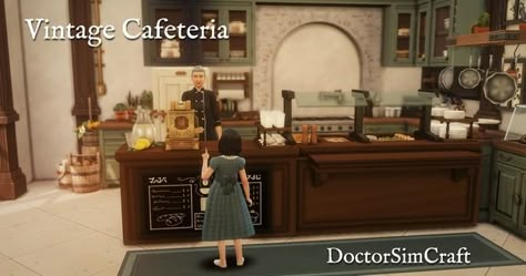 Vintage Cafeteria - (Discover University) | Patreon Lotes The Sims 4, Sims 4 Decades Challenge, Sims 4 Patreon, The Sims 4 Packs, Sims Building, Sims Games, High School Years, Sims 1, Sims 4 Build