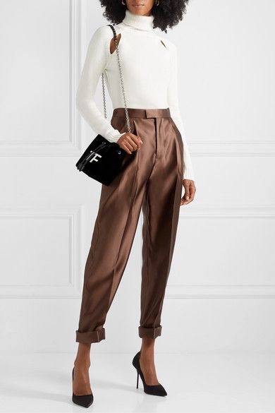 Satin Pants Outfit, Bottega Veneta Earrings, Tom Ford Clothing, Business Formal Dress, Satin Pants, Brown Silk, Cashmere Turtleneck, Fashion Attire, Silk Pants