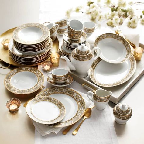 47-Piece Grand Dinnerware Set Dinner Set Design, Quirky Kitchen Decor, Rooster Kitchen Decor, Crockery Set, Quirky Kitchen, Gold Foil Design, Colorful Dishes, Plates And Bowls Set, Luxury Tableware