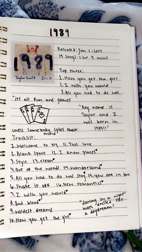 Taylor Swift 1989 Announcement, 1989 Taylors Version Tracklist, 1989 Journal Page, 1989 Party Taylor Swift, Song Book Journal, Song Journal Ideas, 1989 Tracklist, Taylor Swift Journal Ideas, 1989 Songs