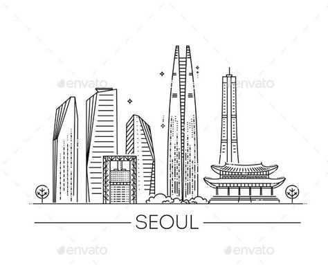 Corea Seoul Line Travel Skyline Set City Easy Drawing, Seoul Skyline, Posters Kpop, Seoul City, Vector Symbols, Design Posters, Travel Illustration, Corporate Office, Easy Drawing