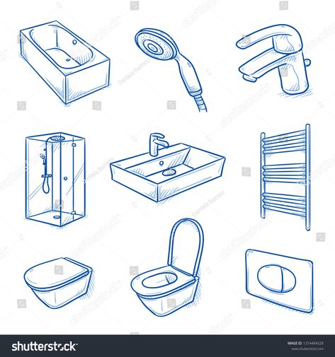 How To Draw A Shower Head, Bathroom Objects Drawing, Shower Sketch, Shower Drawing, Line Art Cartoon, Blue Line Art, Interior Objects, Water Tub, Car Concept