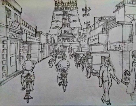 Temple Perspective Drawing, One Point Perspective Drawing Street, One Point Perspective Sketch, One Perspective Drawing, Free Hand Sketch, Perspective Sketches, 1 Point Perspective Drawing, Gym Snap, Scene Composition