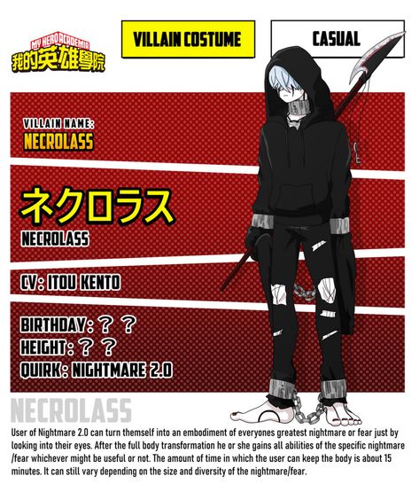 [Bnha Oc][character sheet] Necrolass by biancadrawscats on @DeviantArt Mha Villain Outfit Ideas, Mha Villain Oc, Mha Villains, Hero Oc, My Hero Academia Costume, Oc Bnha, Predator Movie, Villain Names, Image Spiderman