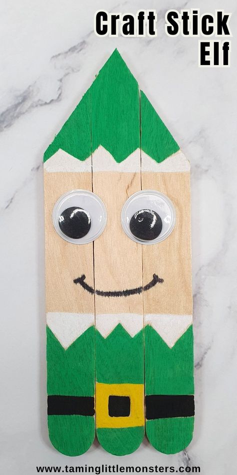 Cute Popsicle Stick Elf Craft for Kids. A fun arts and crafts activity for Christmas. Perfect for preschoolers and kindergarteners. #christmas #artsandcrafts #preschool #kindergarten Elf Kids Craft, Crafts With Ice Cream Sticks, Elf Crafts For Kids, Elf Craft For Kids, Easy Popsicle Stick Crafts, Preschool Elves, Stick Crafts For Kids, Activity For Christmas, Elf Craft