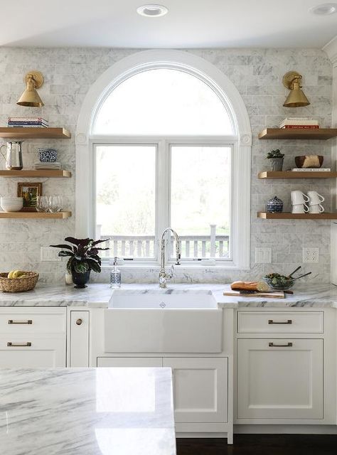 Arched Window Over Kitchen Sink, Shelves Around Kitchen Window, Arched Kitchen, Park And Oak, Gray Subway Tile Backsplash, Sink Window, Above Kitchen Sink, Sophisticated Kitchen, Arch Window