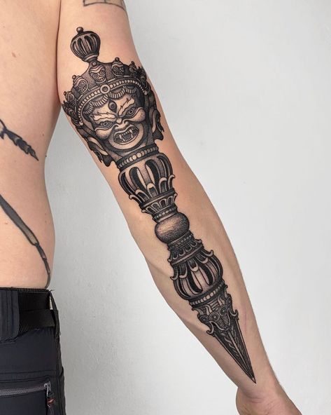 Hindu Mythology Tattoo, Tibet Tattoo, Nepal Tattoo, Buddhist Symbol Tattoos, Toshio Saeki, Buddhism Tattoo, Colorful Sleeve Tattoos, Tibetan Tattoo, Hindu Tattoos