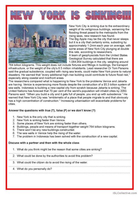 This worksheet is for adults and high school, level B1 students. The students read the text and answer true or false questions. There are also open questions that students have to answer. The text should also introduce a debate about the subject. Open Questions, True Or False Questions, True Or False, English Vocab, True False, Classroom Language, Easy Reading, Esl Worksheets, City That Never Sleeps