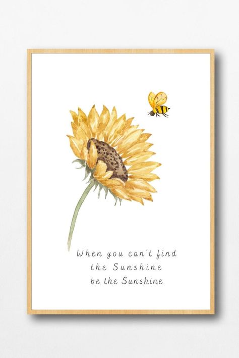 Sunflower And Bee Painting, Watercolour Sunflower, Bee Aesthetic, Sunflower And Bee, Bees Design, Bee Drawing, Watercolor Quote, Bee Painting, Summer Wall Art