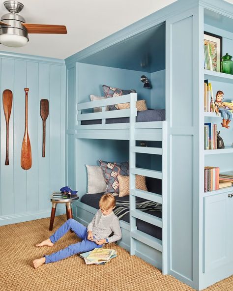 child's bedroom with built in bunk beds blue paint aquitaine by sherwin williams Meredith Ellis, Ross Taylor, Built In Bunk Beds, Bunk Room Ideas, Bunk Beds Built In, Built In Bed, Bunk Rooms, Built In Bunks, Bunk Room