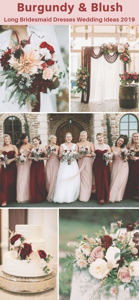 Fall wedding color palette 2019 - burgundy and blush bridesmaid dresses with bouquets, flowers and cake topper in burgundy and blush. #colsbm #bridesmaids #burgundydress #blushdress #weddingideas b923 Blush Color Bridesmaid Dresses, Wedding Color Schemes Burgundy And Blush, Bridesmaid Dresses Burgundy And Blush, Burgundy And Blush Wedding Cake, Blush Pink And Burgundy Wedding, July Wedding Colors, Blush And Burgundy Wedding, Blush Fall Wedding, Burgundy Blush Wedding