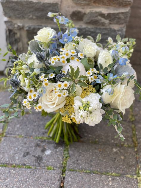 Blue and White Wedding Flowers at The Essex - Floral Artistry White Bouquet With Greenery, Blue And White Wedding Flowers, Bouquet With Greenery, Blue Green Wedding, Green Wedding Flowers, Blue And White Wedding, Bridal Bouquet Flowers, Blue Wedding Flowers, Blue Bouquet