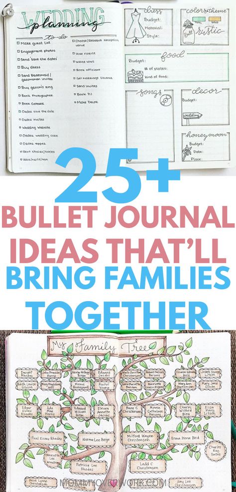 Fantastic bullet journal ideas for moms, dads, baby, kids, and the entire family. Organize your home life and track milestones with these great bujo pages. Couples: relationship goals. Mom / baby during the first year: pregnancy and weight gain tracker, first foods, feeding, sleep, and growth log. Kids: bucket list activities, schedules, books, money, and more #bulletjournal #bulletjournaladdict #bulletjournaljunkie #bujolove #bujoinspiration #bujocommunity #bujojunkies #bulletjournalcollection Journal Ideas For Moms, Maternity Journal, Kids Bucket List, Books Money, Bullet Journal For Kids, Bujo Pages, Planner Sections, Bucket List Activities, Baby First Year