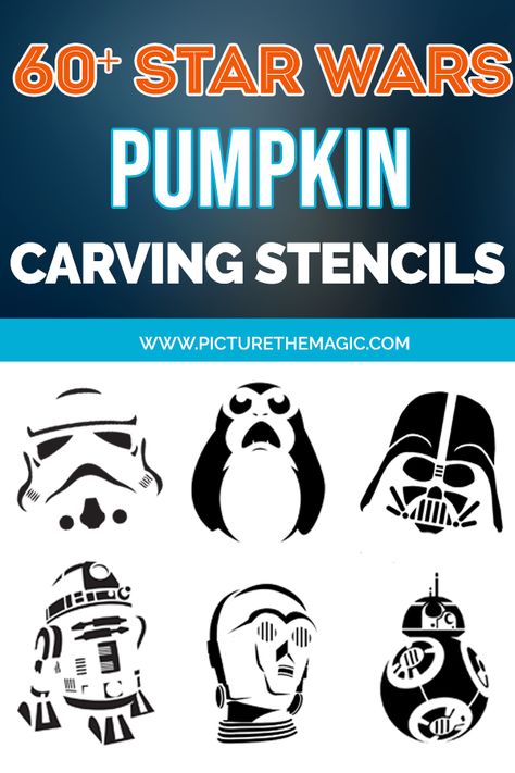 More than 60 free Star Wars pumpkin stencils. Perfect for carving your Halloween pumpkin. Use the Force to make a Darth Vader jack o'lantern! #starwars #halloween #disney #diy #pumpkin #carving #darthvader #stormtrooper #yoda #lukeskywalker #hansolo Pumpkin Stencil Star Wars, Ahsoka Pumpkin Carving, Starwars Pumpkin Carving Stencils, Groot Pumpkin Carving Stencil, Grogu Pumpkin Carving, Star Wars Painted Pumpkins, Starwars Pumpkin Carving, Starwars Pumpkins, Mandalorian Pumpkin Carving