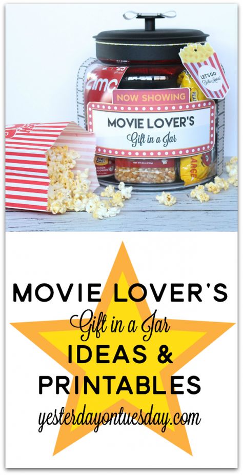 Movie Lover’s Gift in a Jar Gift In A Jar Ideas, Mason Jar Cookies Mix, Diy Gifts In A Jar, Gift In A Jar, Cookie Mixes, Mason Jar Gifts Diy, Mason Jar Cookies, Movie Lover Gift, Teacher Birthday Gifts