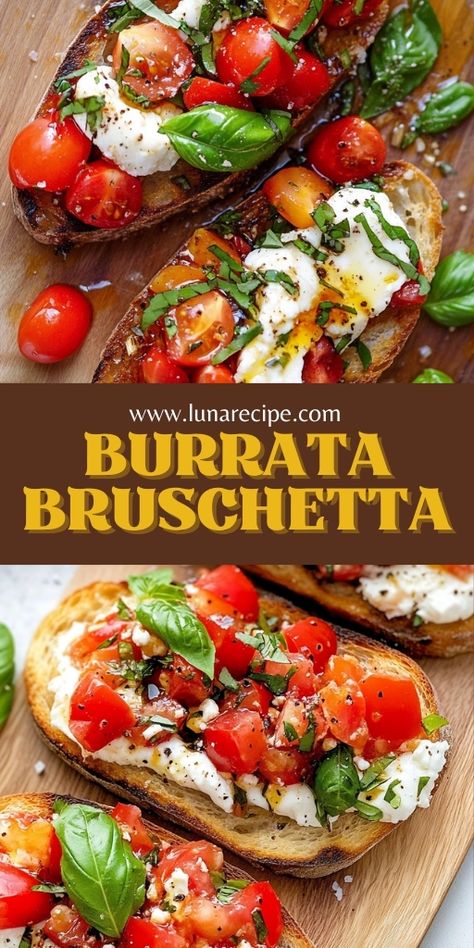 Burrata Bruschetta is a simple yet elegant dish that highlights the beauty of fresh ingredients! 🍅🥖 With creamy burrata, juicy tomatoes, and a drizzle of balsamic glaze over toasted bread, this appetizer is perfect for entertaining or as a light snack. Fresh, flavorful, and irresistible!  📌 Pin this recipe to create an easy and sophisticated burrata bruschetta for your next gathering! #BurrataBruschetta #FreshIngredients #AppetizerIdeas #SimpleAndElegant #BruschettaLovers #EasyEntertaining Bruschetta Toast Appetizers, Low Carb Burrata Recipe, Bursts Bruschetta, Bruschetta And Mozzarella Recipe, Bruschetta Recipe Roasted Tomato, Buratta And Tomato Appetizer, Crostini With Burrata, Bruschetta Grilled Cheese, Burrata Bread Recipe