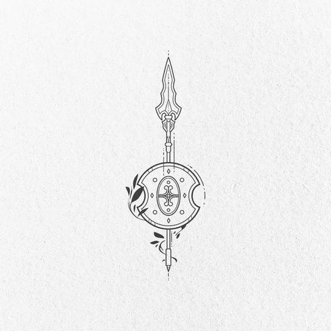 Spear Tattoo For Women, Spear And Shield Tattoo, Spear Illustration, Spear Tattoo Design, Shield Tattoo Design, Spear Tattoo, Shield Tattoo, Greek Tattoos, Black And White Illustration