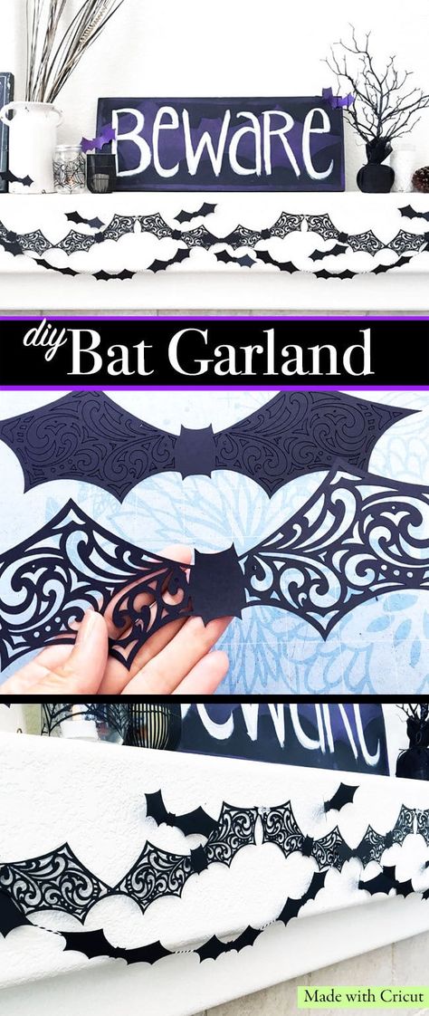 DIY Bat Garland made with Cricut - designed by Jen Goode Cricut Cottagecore, Cricut Halloween Decorations, Bat Garland, Bat Decor, Halloween Cricut, Cricut Halloween, Halloween Silhouettes, Halloween Fonts, Cricut Projects Beginner