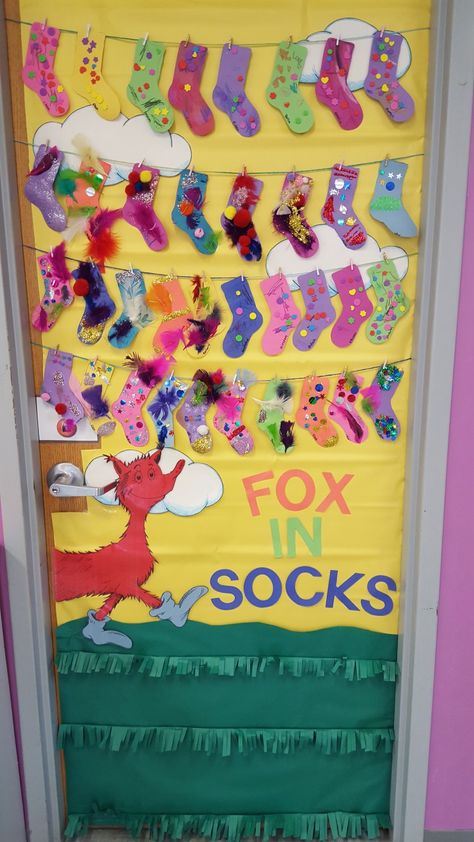 Classroom Door Themes, Dr Seuss Classroom Door, Dr. Suess, Dr Seuss Preschool Activities, Dr Seuss Art, Dr Seuss Preschool, Fox In Socks, Dr Seuss Classroom, Dr Seuss Activities