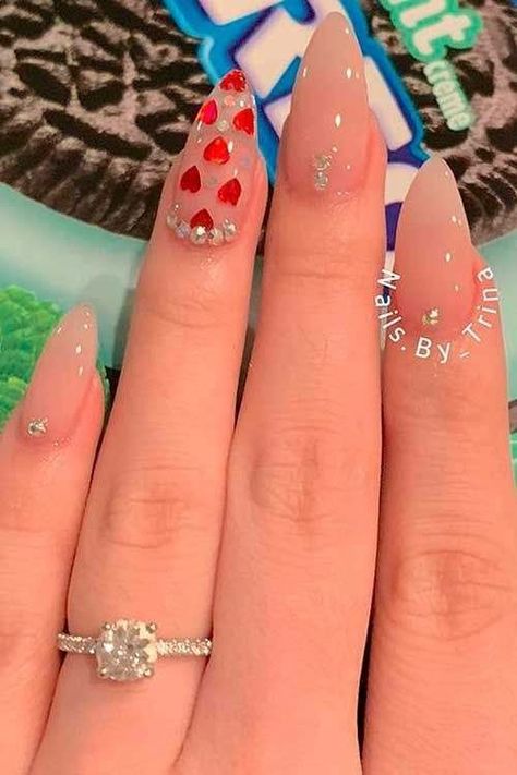 Red Valentines Day Nails Almond, Valentines Nail Set Almond, Valentines Day Nails Jewels, Valentines Rhinestone Nails, Valentine Almond Acrylic Nails, Valentines Day Nails Almond Shape Pink, Clear Valentine Nails, Almond Nails Valentines Day Pink, Cute Simple Valentines Nails Almond