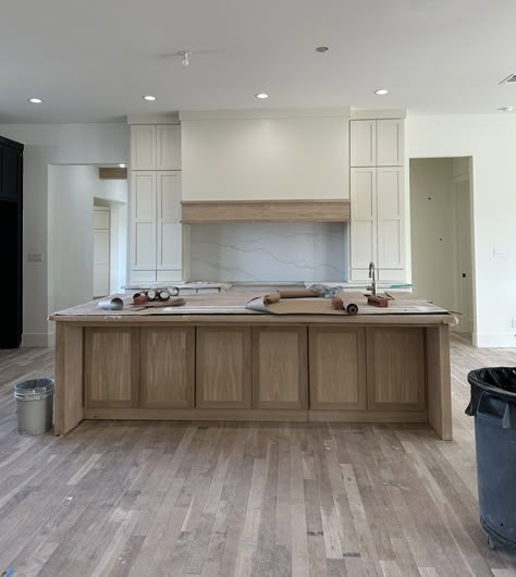 Knotty Alder Range Hood, Rift Sawn White Oak Kitchen Island, White Cabinets Stained Island And Hood, Knotty Alder Island With White Cabinets, White Oak Rift Sawn Cabinets, Kitchen Island Trim, Nelson Family, Transitional Kitchen Design, Decorating Kitchen