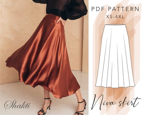 Diy Satin Skirt, Satin Skirt Pattern, Midi Skirt Sewing, Midi Skirt Sewing Pattern, Silk Dress Pattern, Womens Skirt Pattern, Simple Silk Dress, Vintage Skirt Pattern, Midi Skirt Plus Size