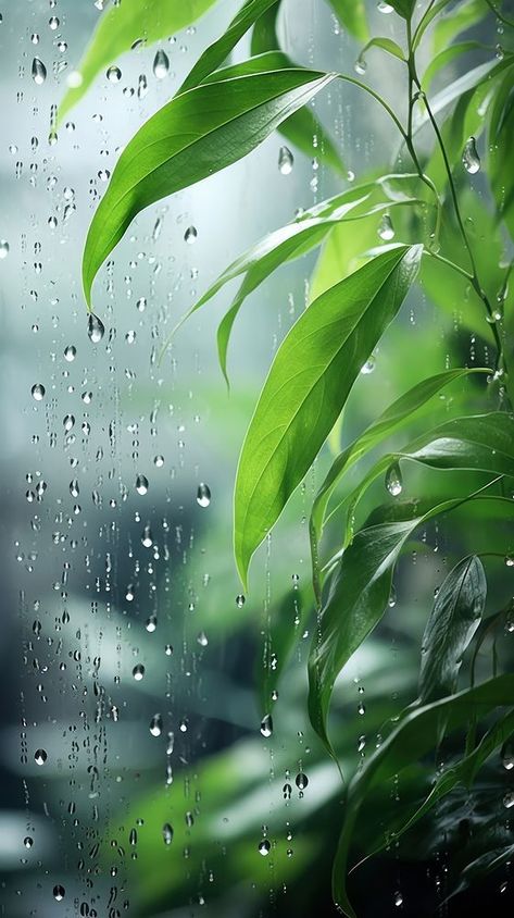 A rain scene with plant outdoors nature green. | premium image by rawpixel.com Rain Phone Wallpaper, Pretty Flowers Photography, About Rain, Leaf Photography, Rain Wallpapers, Photography Collage, Body Of Water, Plant Wallpaper, Poster Background