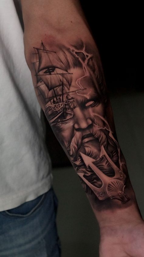 Poseidon Tattoos For Men, Poseidon Tattoo Forearm, Ancient Greece Tattoo Mythology, Greek Forearm Tattoo Men, Poseidon Tattoo Sleeve, Realistic Tattoo Ideas, Hand Tattoos Pictures, Nautical Tattoo Sleeve, Tattoo Ideas Males