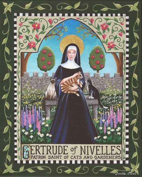 Happy St. Gertrude’s Day! Patron saint of cats and gardeners, her feast day is today Gertrude Of Nivelles, Patron Saint Of Cats, Saint Gertrude, Santa Gertrudes, St Gertrude, Cat Person, Patron Saints, Cat Owners, Whimsical Art