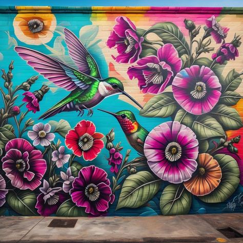 Mexican Street Art Graffiti, Garden Mural Outdoor Wall Art, Hummingbird Mural, Mexican Mural Art, Outdoor Mural Ideas, Mexican Murals, Murals For Home, Garden Fence Art, Selfie Wall