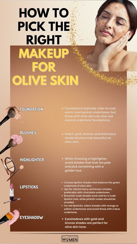 Makeup For Olive Skin, olive skin tone Concealer For Olive Skin Tone, Olive Tone Skin Makeup, Makeup For Yellow Undertone Skin, Pale Olive Makeup, Olive Skin Colors Clothes, Neutral Olive Skin Tone Hair Colors, Olive Skin Lipstick Shades, Olive Skin Makeup Natural, Light Olive Skin Makeup