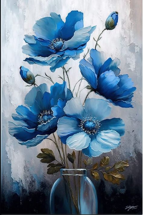 Blue Watercolor Flowers, Spring Gardening, Blue Flower Painting, Club Decor, Flower Painting Canvas, Painting Canvases, Diamond Painting Kits, Floral Oil, Glitter Wallpaper