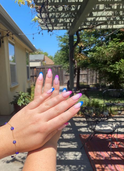 Pride Nails French Tips, Pride Nails Designs Almond, Pride Nails Aesthetic, Bi Nails Designs, Subtle Bi Pride Nails, Pride Nails Designs Simple Short, Simple Pride Nail Ideas, Bisexual Nail Designs, Pride Nails Subtle