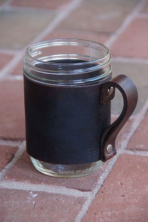 Leather Koozie, Mason Jar Sleeve, Leather Objects, Leather Mason Jar, Diy Gifts Cheap, Leather Working Projects, Leather Jewellery, Laser Engraved Wood, Diy Cups