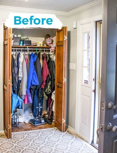 Entry Way Closet Makeover, Entryway Closet Organization, Entry Way Closet, Closet Makeover Diy, Front Closet, Mudroom Makeover, Coat Closet Organization, Entry Closet, Entryway Closet