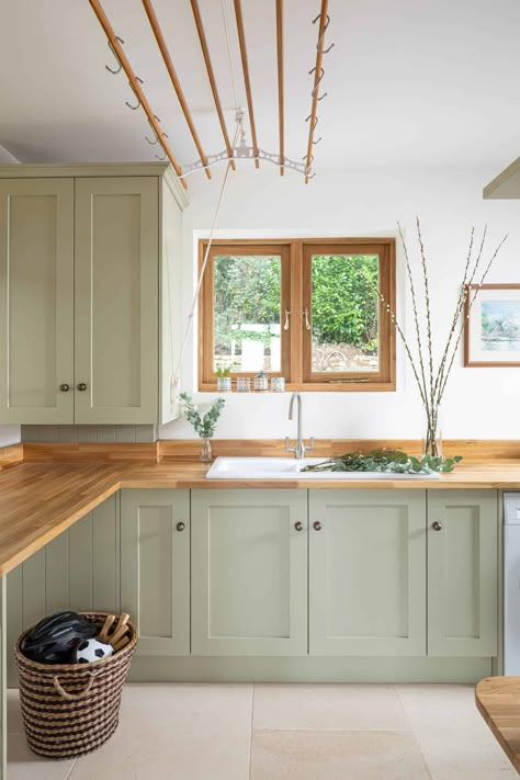 Sage Green Kitchen Cabinets Wood Countertops, Small Kitchen Wooden Countertops, Light Wooden Countertops Kitchen, Green Kitchen Wooden Countertop, Green Kitchen Wood Worktop, Green Cabinets Kitchen Wood Countertop, Timber Worktop Kitchen, Sage Kitchen Wooden Worktop, Kitchen With Wood Worktop