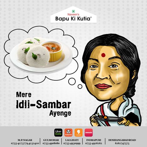 Bapu ki Kutia Post Idli Sambar, Cloud Kitchen, Bollywood Theme, Food Cart Design, Food Memes, Food Menu Design, Mood Food, Food Advertising, Food Graphic Design