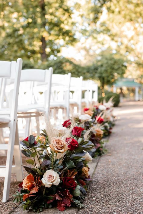 Fall Outdoor Wedding Aisle, Florals Down Wedding Aisle, Moody Aisle Decor, Wedding Ceremony Aisle Florals, Fall Wedding Aisle Flowers, Fall Aisle Flowers, Moody Wedding Aisle, Fall Wedding Arch Flowers, Fall Aisle Decorations Wedding