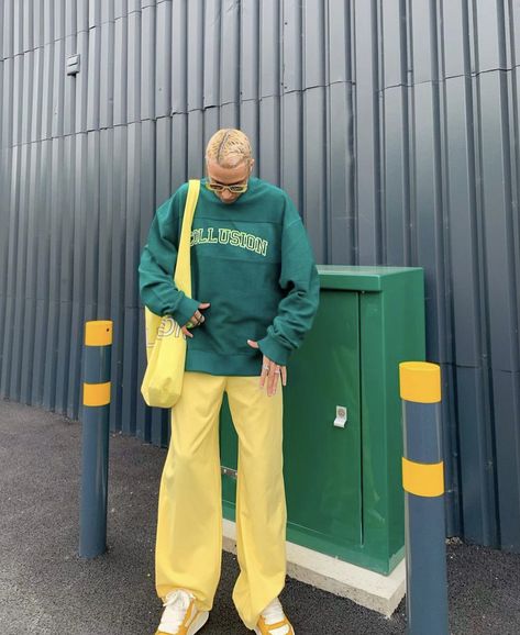 Green And Yellow Outfit Men, Bright Colour Outfit Men, Colorful Outfits For Men, Bright Color Men Outfit, Color Blocking Outfits Men, Funky Outfits Men, Colorful Outfits Men, Elevated Streetwear, Bright Colors Fashion