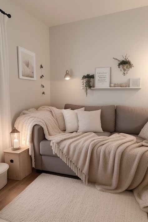 Small Apartment Neutral Decor, Budget Friendly Living Room Ideas, Small Lounge Room Ideas Cosy, Futon Living Room Ideas Apartments, Cute Small Apartment Ideas, Cozy Living Rooms Apartment Small Spaces, Appartment Decor Ideas, Neutral Apartment Decor, Apartment Livingroom