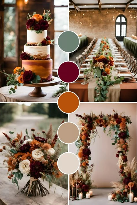 Earthy tones wedding color scheme: earthy tones wedding theme    #earthytoneswedding #earthytonesweddingideas #earthytonesweddingcolorscheme #earthytonesweddingtheme #rustorangewedding #rustorangeweddingideas #rustorangeweddinginspiration #rustorangeweddingdecor #rustorangeweddingcake #burgundywedding #burgundyweddingtheme #burgundyweddingcolors #emeraldwedding #emeraldweddingdecor Sage And Orange Wedding Colors, Burnt Orange Maroon Green Wedding, Marriage Color Themes, Terracotta Maroon Wedding, Green And Burnt Orange Wedding Theme, Wedding Fall Colors October, Punjabi Wedding Colour Themes, Wedding Earth Tones Color Schemes, Rust Wedding Color Scheme