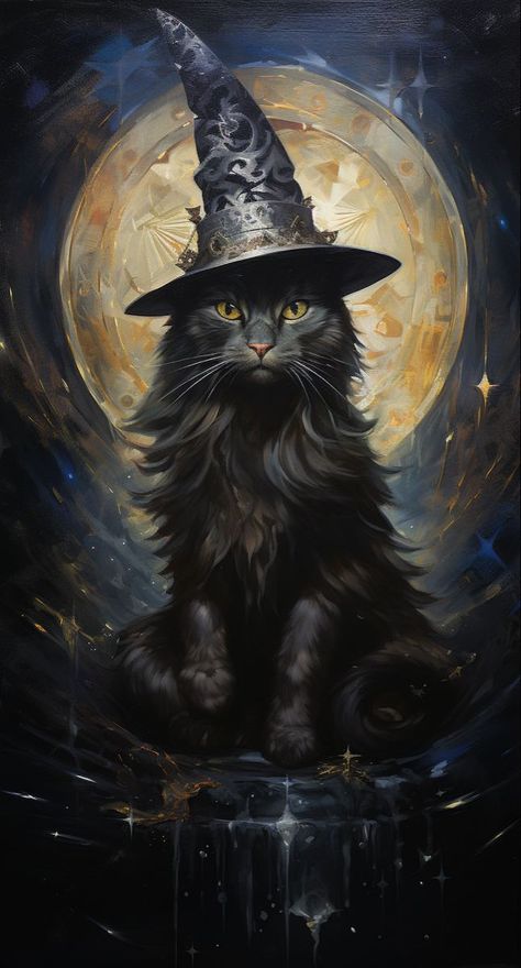 Tabaxi Warlock, Wizard Cat, Halloween Artwork, Black Cat Art, Cute Cat Wallpaper, Witch Cat, Cat Art Print, Witch Art, Halloween Animals